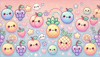 Cute cartoon fruit characters. On pastel background.
