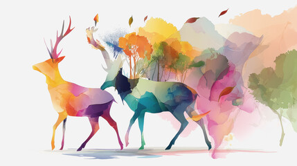 Colorful forest scene featuring two graceful watercolor deers amidst lush foliage and vibrant nature