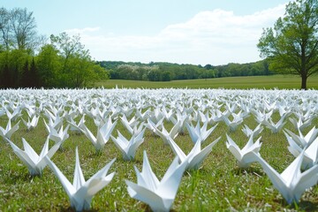 A field of paper cranes.  Many white origami cranes scattered across a grassy field, extending into the distance, under a clear blue sky.  A tranquil and peaceful scene