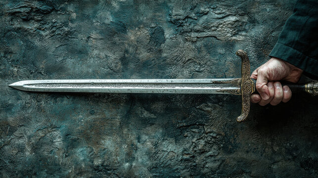 hand gripping ornate sword against textured background