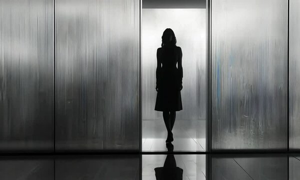 Silhouette of a woman at a doorway, modern architectural setting