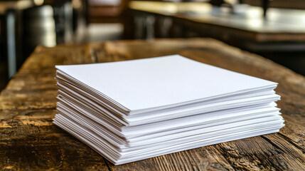 Stack of blank white paper on rustic wooden table