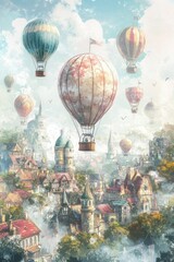 Obraz premium Many colorful hot air balloons float over a beautiful city landscape