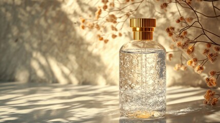 A transparent scented oil bottle with a stylish gold dropper lid, placed on a textured white surface
