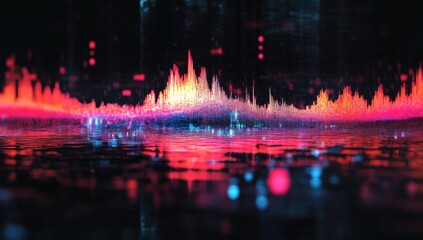 Abstract cityscape soundscape, vibrant digital art.  A dynamic visual representation of sound waves, overlaid with a city skyline.  A futuristic, data-driven scene with glowing, colorful elements.  