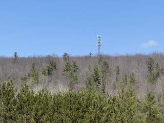 A cell tower on a wooded hill with blue sky in Michigan