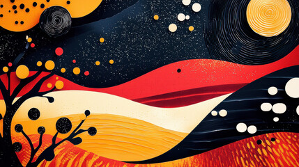 Abstract Artistic Landscape with Wave Patterns and Circular Elements in Warm Colors Including Red Yellow Black and White Digital Illustration