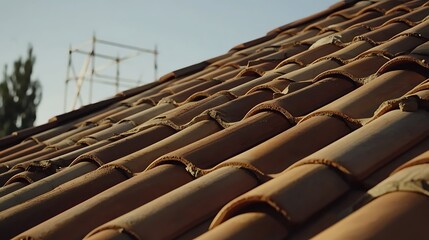 Close-Up of Terracotta Roof Tiles with Scaffolding in Background