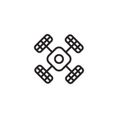 A simple line art icon of a satellite with four solar panels extending from a central body. Orbiting technology!