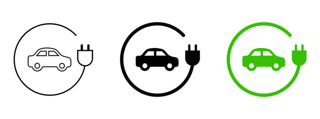 Car charging point icon png. Electric plug symbol. Electricity sign. Green energy vector illustration. Wire with plug and lightning bolt pictogram. Phone charge technology concept