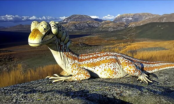 Strange lizard-like creature in a mountain landscape