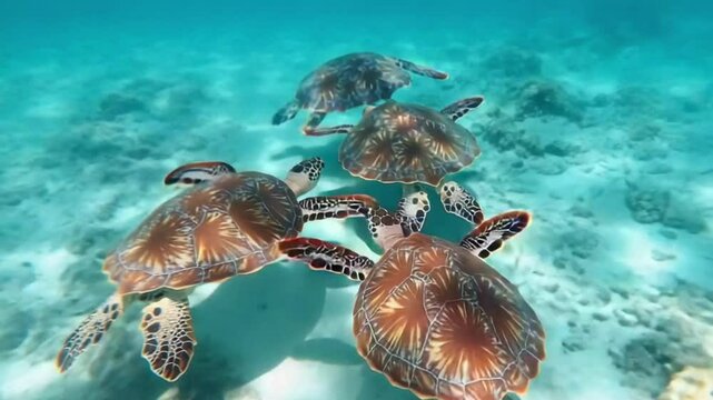 Amazing Underwater Encounter: Four Majestic Sea Turtles Gracefully Swimming in Crystal-Clear Turquoise Waters