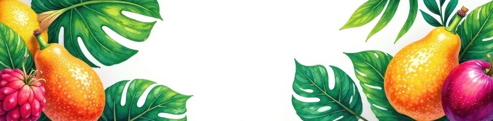 Obraz premium Vibrant gouache tropical leaves & fruits border Summery, bright colors , summer, nature, banner