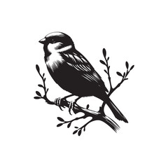 An elegant black and white sparrow bird silhouette perched on a branch. A stylized, black and white vector graphic of a sparrow perched on a branch.