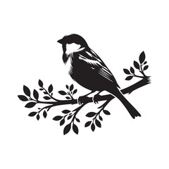 An elegant black and white sparrow bird silhouette perched on a branch. A stylized, black and white vector graphic of a sparrow perched on a branch.