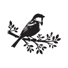 An elegant black and white sparrow bird silhouette perched on a branch. A stylized, black and white vector graphic of a sparrow perched on a branch.