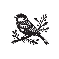 An elegant black and white sparrow bird silhouette perched on a branch. A stylized, black and white vector graphic of a sparrow perched on a branch.