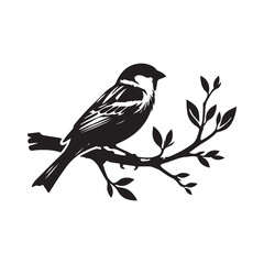 An elegant black and white sparrow bird silhouette perched on a branch. A stylized, black and white vector graphic of a sparrow perched on a branch.