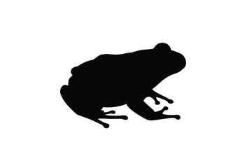 Frog silhouette. This image shows a black silhouette of a frog in a side profile view, depicted in a simple and minimalistic style with clear outlines. Vector clipart illustration design.