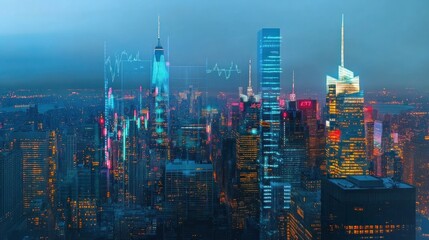 Naklejka premium New York City skyline at night overlaid with financial data visualizations.