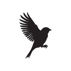 An elegant black and white sparrow bird silhouette perched on a branch. A stylized, black and white vector graphic of a sparrow perched on a branch.