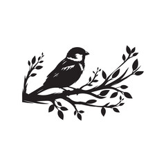 An elegant black and white sparrow bird silhouette perched on a branch. A stylized, black and white vector graphic of a sparrow perched on a branch.