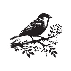 An elegant black and white sparrow bird silhouette perched on a branch. A stylized, black and white vector graphic of a sparrow perched on a branch.