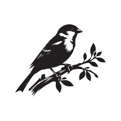 An elegant black and white sparrow bird silhouette perched on a branch. A stylized, black and white vector graphic of a sparrow perched on a branch.
