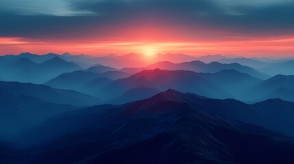 Obraz premium Majestic sunset over layered mountain ranges.