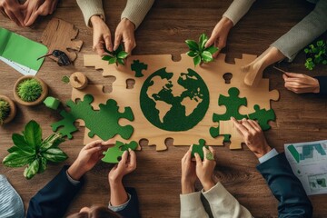 Collaborative environmental effort. Team members actively assemble a puzzle depicting the Earth, surrounded by greenery and office supplies.  Focus on sustainability and collective action