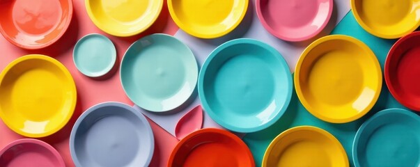 Colorful plates arranged in a playful pattern on vibrant background, element, modern