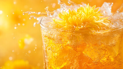 refreshing glass of chrysanthemum tea with ice cubes and vibrant yellow flower, creating lively and invigorating scene