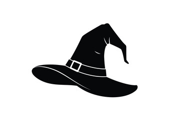 Witch hat silhouette. This image shows a black silhouette of a witch hat with a curved brim and a pointy top, symbolizing magic and Halloween themes. Vector clipart illustration design.