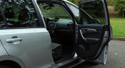 Modern SUV with open driver door showing interior and accessibility step. Automotive accessibility. Vehicle mobility solutions, disability-friendly, automotive adaptations. car manufacturer