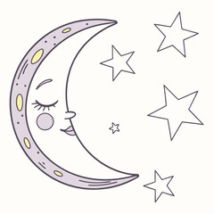 Sleepy Moon and Stars in Minimal Style