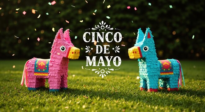 Colorful Cinco de Mayo celebration with pink and blue pinata donkeys on grass with confetti and festive text overlay. Mexican holiday. Cultural celebrations, traditional decorations, party supplies