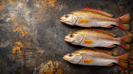 Three fresh fish on rustic textured background