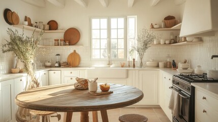 A farmhouse-inspired kitchen with a rustic round wooden table, surrounded by a clean, bright ambiance