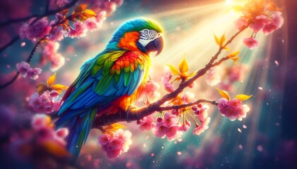 Fototapeta premium Vibrant Tropical Parrot on Cherry Blossom Branch – Colorful Bird Wall Art for Home Decor