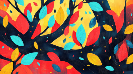 Vibrant Abstract Artwork of a Tree with Colorful Leaves in Bold Red Yellow Blue and Black Artistic Illustration for Creative Design