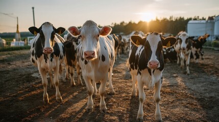 Cattle herd in a pasture at sunset with farm buildings in the background
