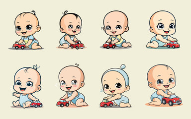 Chibi Baby Icon Bundle in Cute Anime Style with Baby Bottles, Diapers, and Plush Toys