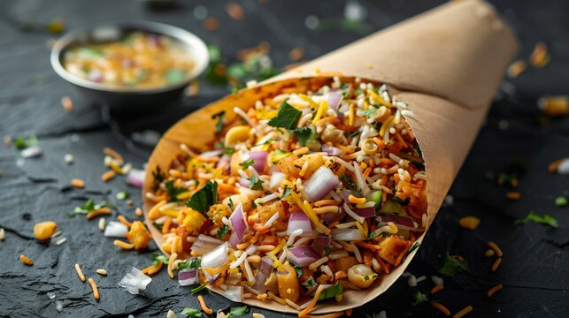 Crunchy Indian bhel puri chaat served paper cone black textured background Puffed rice mixed onions chutneys sev iconic street food snack from Mumbai India cut out on isolated transparent background