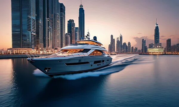 A luxury yacht cruises smoothly through city's waterway with towering buildings at sunset glow