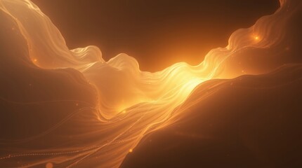 Golden fabric flowing, illuminated with glowing particles, creating a dynamic, ethereal scene