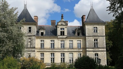 Scenic view of  French castle against blue skies for travel marketing