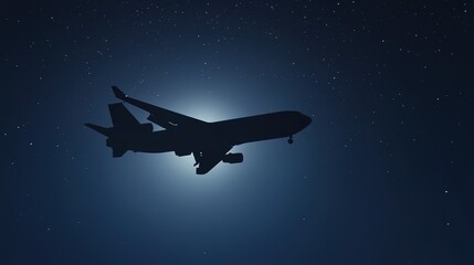 A moonlit silhouette of a cargo jet soaring through the night sky.