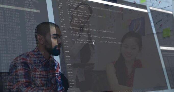 Team reviewing code in tech office, showing animated JavaScript overlay with flowcharts