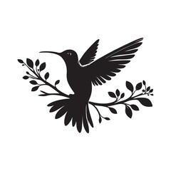 Hummingbird silhouette vector art illustration perched on a branch, showcasing elegance and nature. A captivating silhouette of a hummingbird in flight, poised on a branch adorned with leaves.