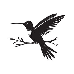 Hummingbird silhouette vector art illustration perched on a branch, showcasing elegance and nature. A captivating silhouette of a hummingbird in flight, poised on a branch adorned with leaves.